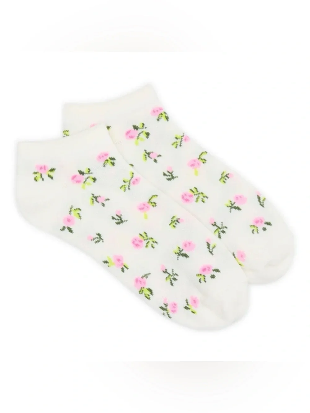 💫 $3 No Boundaries White Low-Cut Socks with Pink and Green Floral Design